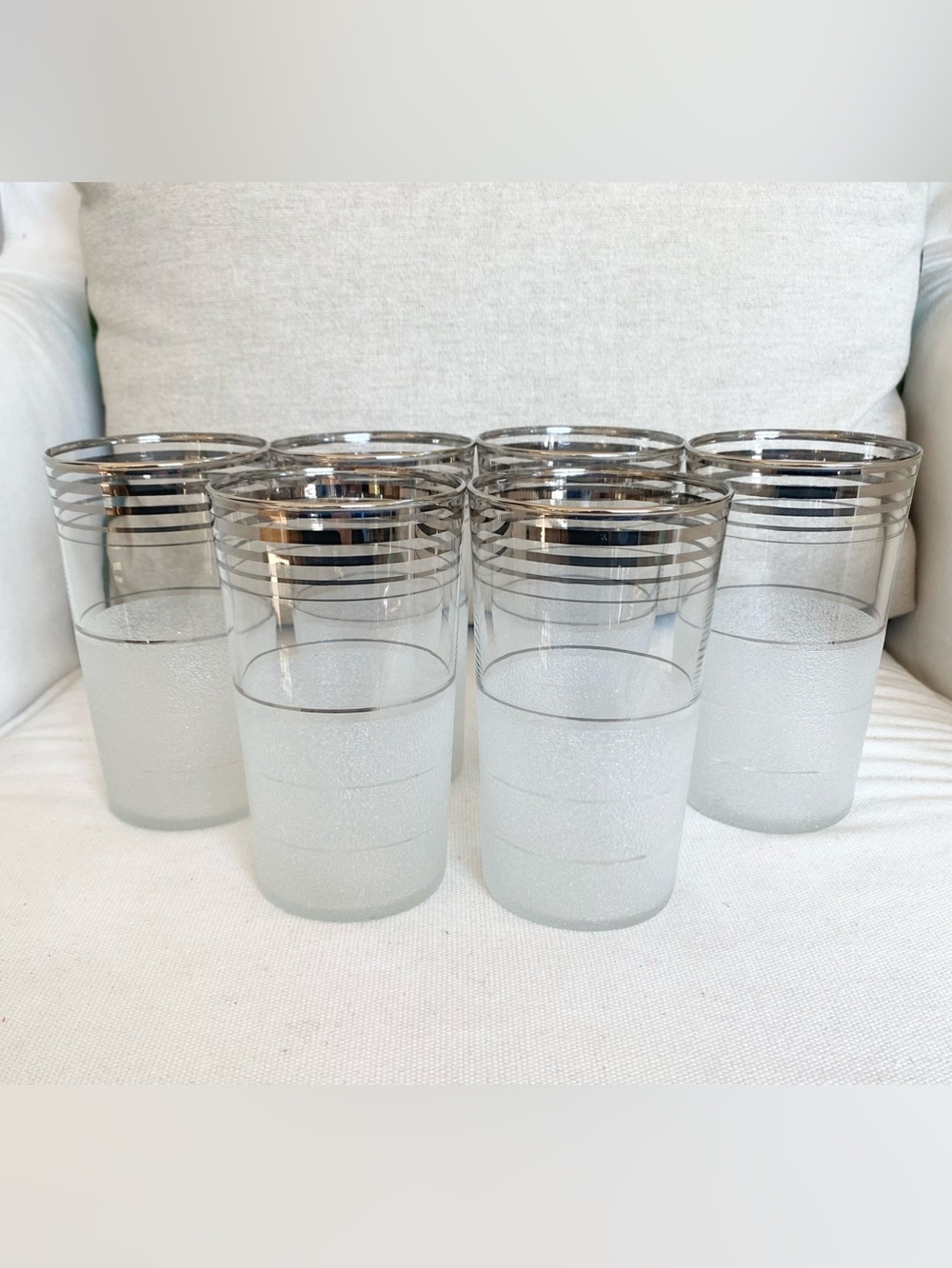6 VTG West Virginia Glass Frost Nip Silver Platinum Bands Flat Tumbler Glasses